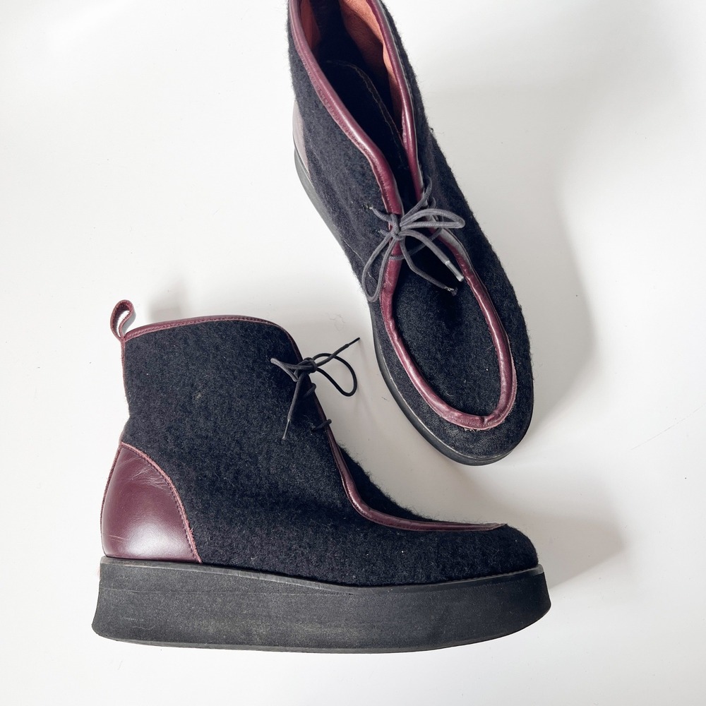 Vintage Platform Ankle Boots 8.5 Black Burgundy Wool Leather Indie Avant Garde